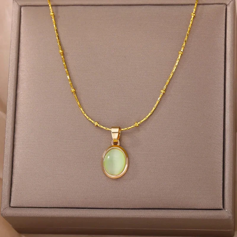 Mode Stein Opal Oval Halskette Für Frauen Edelstahl Gold Farbe Oval Stein Anhänger Halskette Hochzeit Ästhetischen Schmuck Geschenk