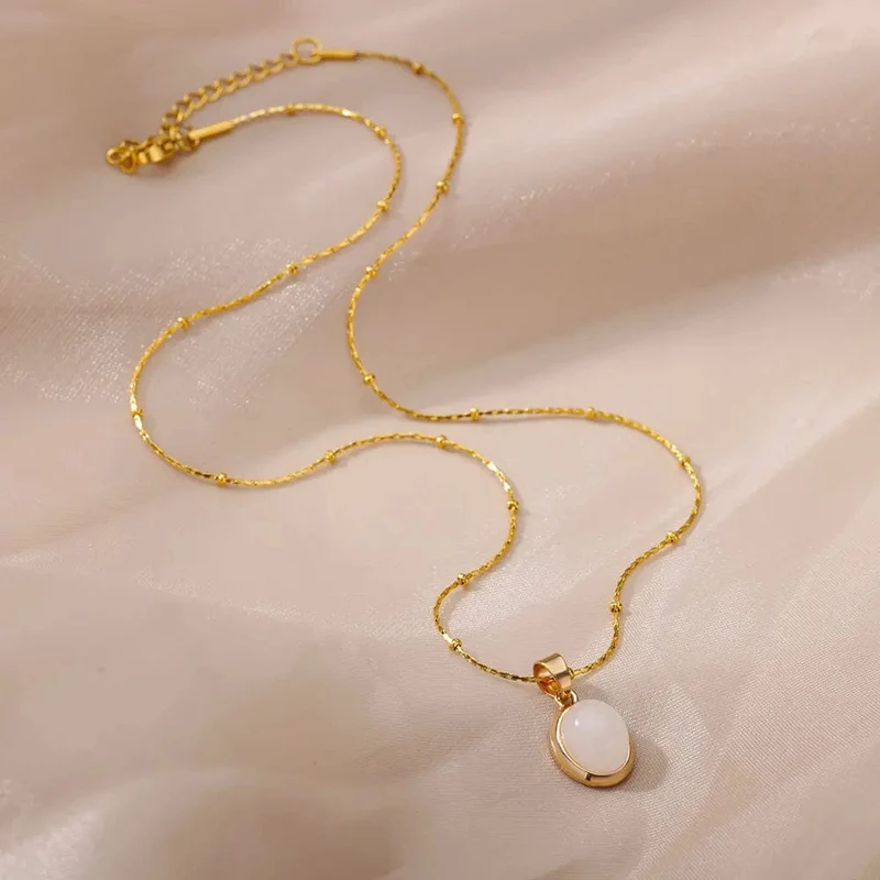 Mode Stein Opal Oval Halskette Für Frauen Edelstahl Gold Farbe Oval Stein Anhänger Halskette Hochzeit Ästhetischen Schmuck Geschenk