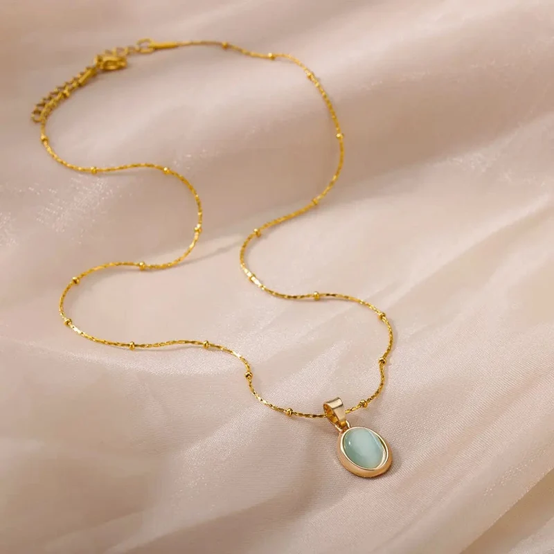 Mode Stein Opal Oval Halskette Für Frauen Edelstahl Gold Farbe Oval Stein Anhänger Halskette Hochzeit Ästhetischen Schmuck Geschenk