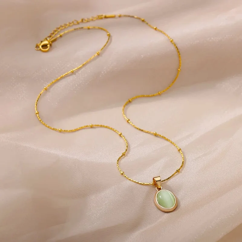 Mode Stein Opal Oval Halskette Für Frauen Edelstahl Gold Farbe Oval Stein Anhänger Halskette Hochzeit Ästhetischen Schmuck Geschenk