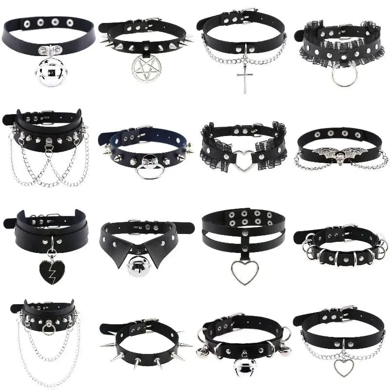 Trendy Punk Spike Nieten Leder Frauen Halsband Glocke Pentagramm Harajuku Kragen Halsketten Handgemachte Boho Gothic Mädchen Collier Schmuck
