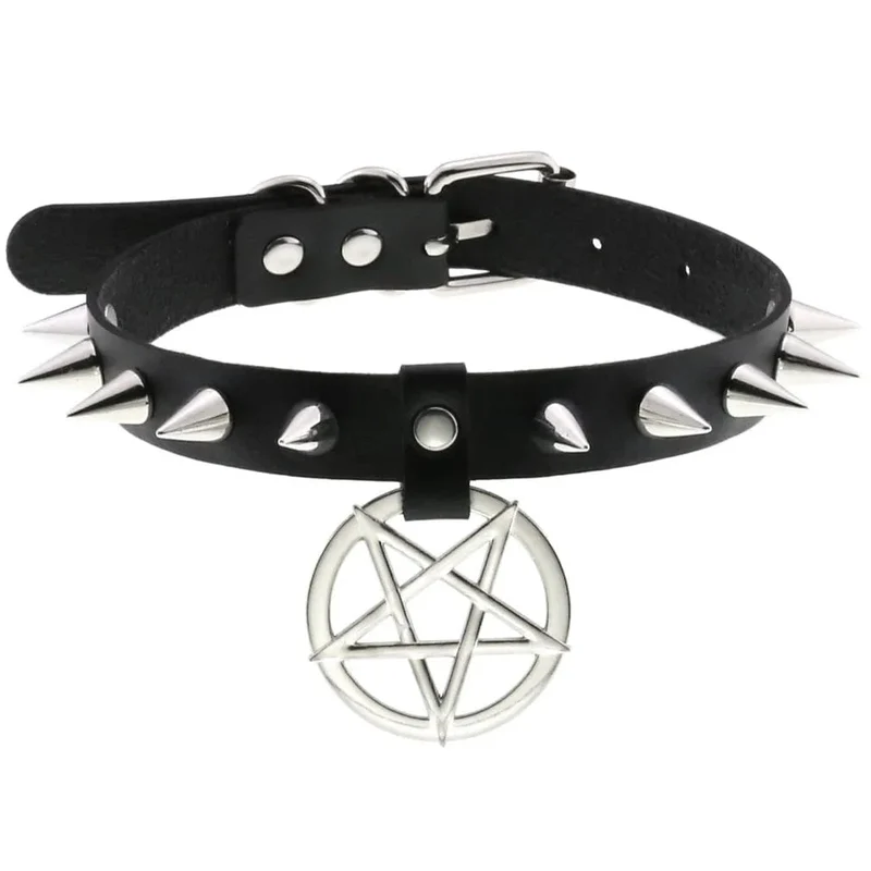 Trendy Punk Spike Nieten Leder Frauen Halsband Glocke Pentagramm Harajuku Kragen Halsketten Handgemachte Boho Gothic Mädchen Collier Schmuck