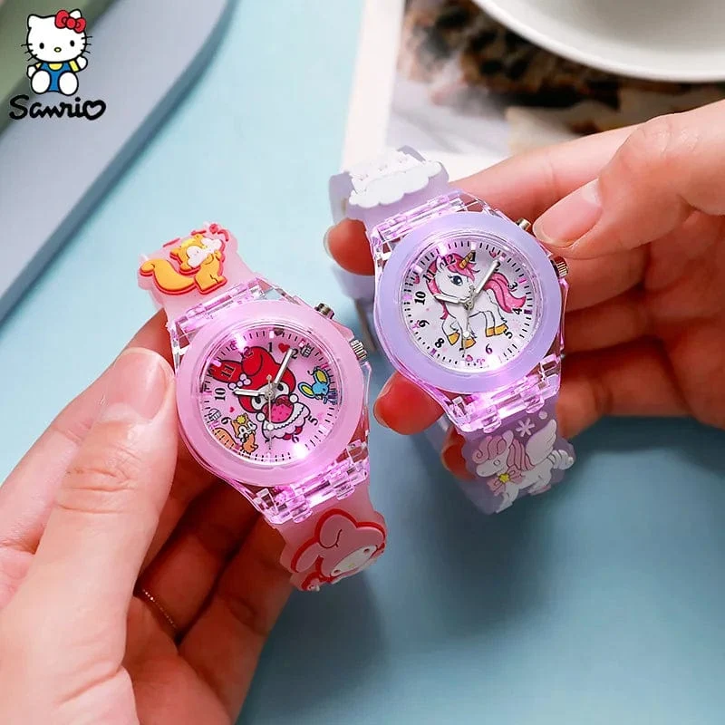 Sanrio Uhr Kawaii Melodie Cinnamoroll Kinder LED Leuchtende Uhr Kuromi Hallo Kitty Student Armbanduhr Kinder Geburtstag Geschenk Spielzeug