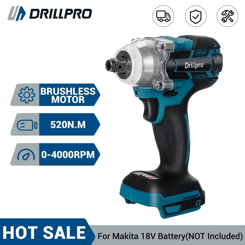 Drillpro 520N.M Bürstenloser Akku-Schlagschrauber 1/2 Zoll Steckschlüssel Elektrowerkzeuge Wiederaufladbar für Makita 18V Batterie