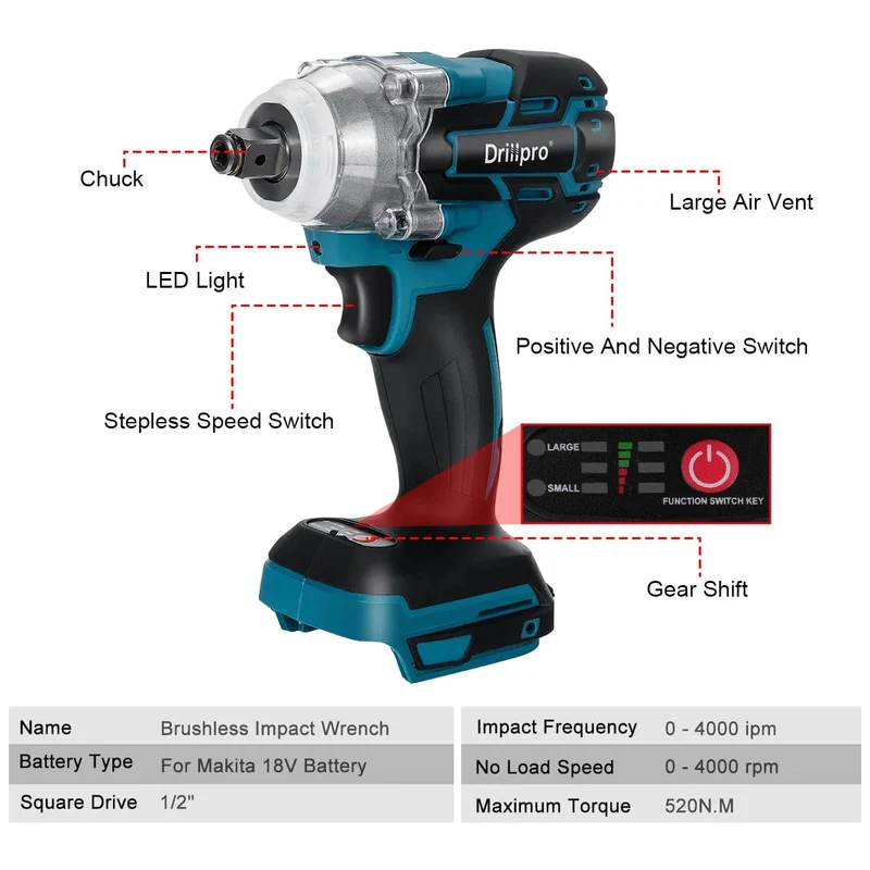 Drillpro 520N.M Bürstenloser Akku-Schlagschrauber 1/2 Zoll Steckschlüssel Elektrowerkzeuge Wiederaufladbar für Makita 18V Batterie