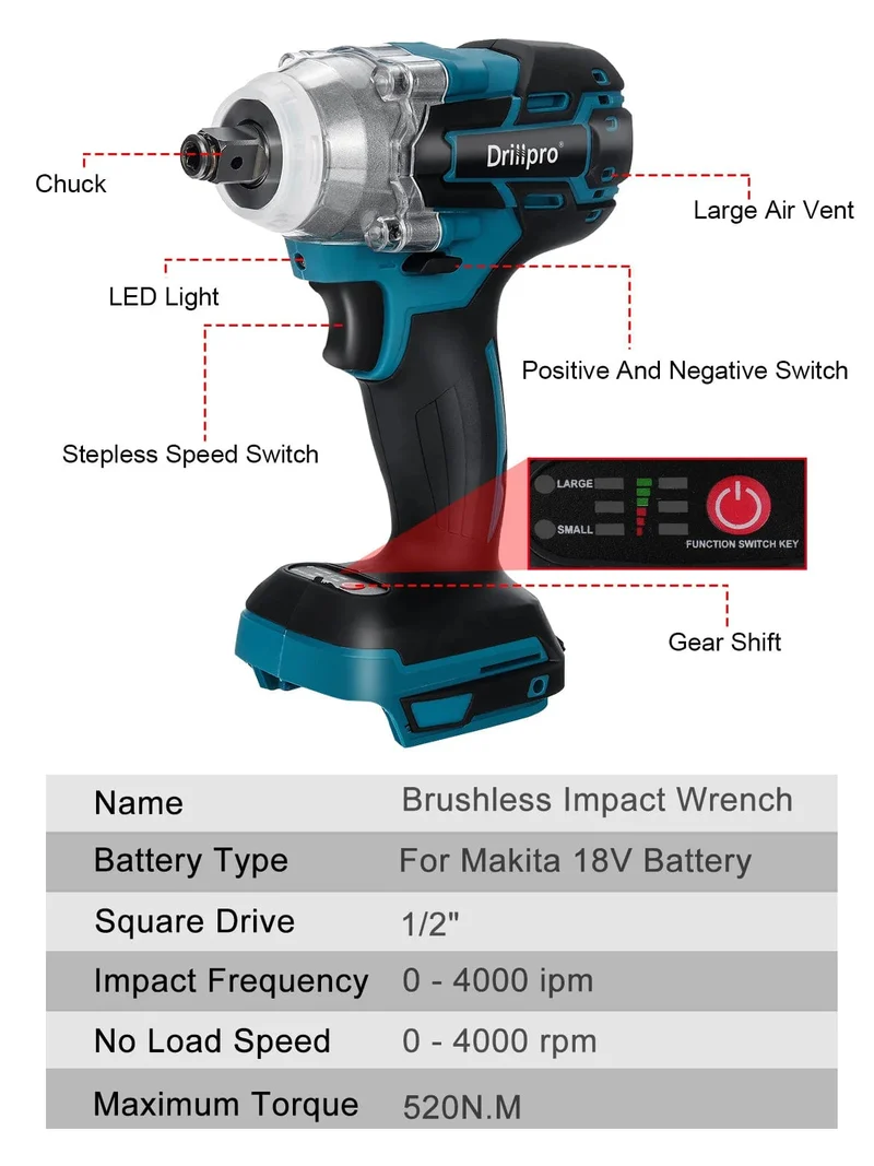 Drillpro 520N.M Bürstenloser Akku-Schlagschrauber 1/2 Zoll Steckschlüssel Elektrowerkzeuge Wiederaufladbar für Makita 18V Batterie