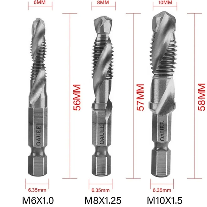 1/6-teiliges Gewindebohrer-Set mit Sechskantschaft, titanbeschichtet, HSS-Gewindebohrer, Schraubenmaschinen-Gewindebohrer, M3, M4, M5, M6, M8, M10, Handwerkzeuge