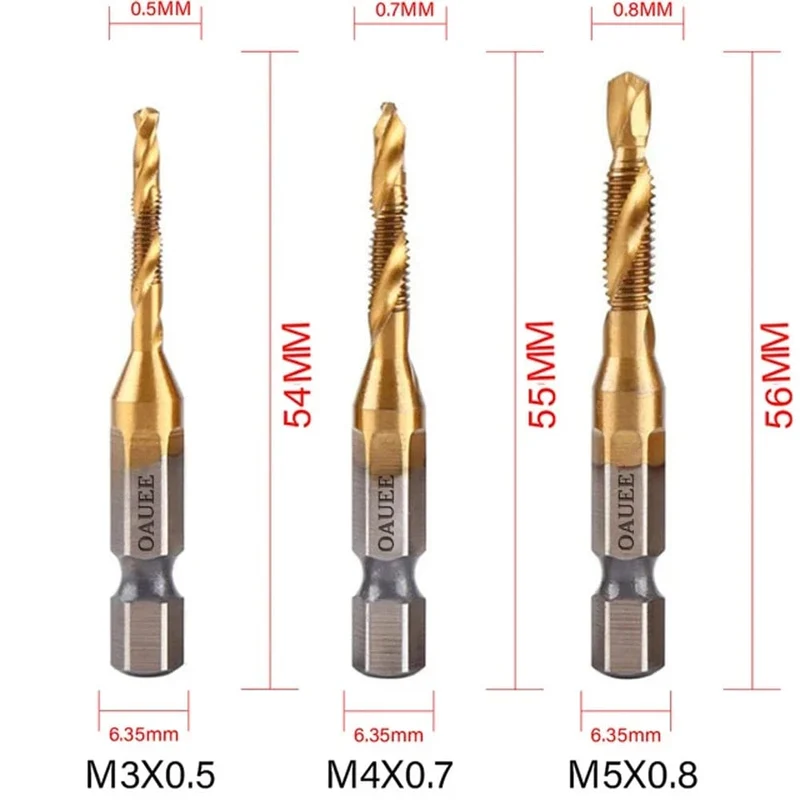 1/6-teiliges Gewindebohrer-Set mit Sechskantschaft, titanbeschichtet, HSS-Gewindebohrer, Schraubenmaschinen-Gewindebohrer, M3, M4, M5, M6, M8, M10, Handwerkzeuge