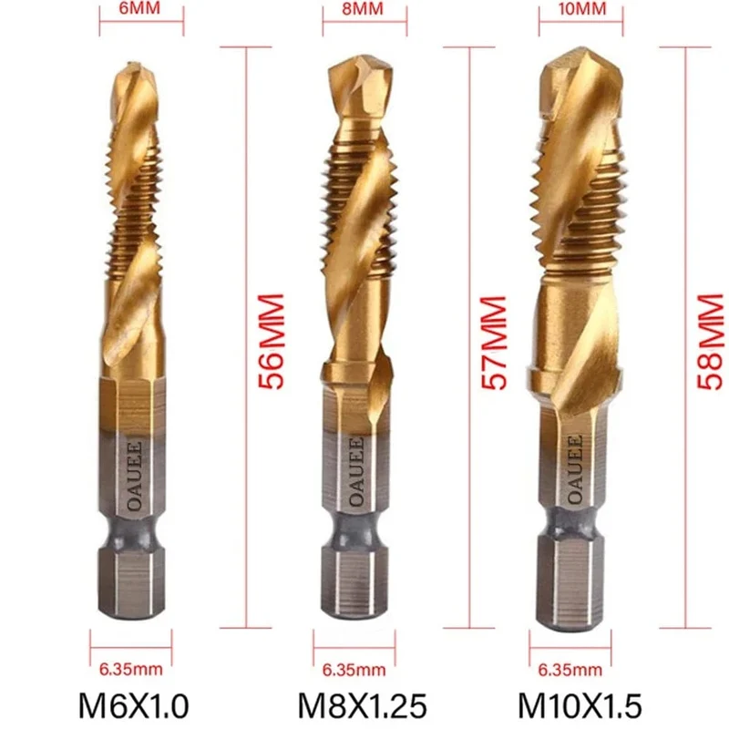 1/6-teiliges Gewindebohrer-Set mit Sechskantschaft, titanbeschichtet, HSS-Gewindebohrer, Schraubenmaschinen-Gewindebohrer, M3, M4, M5, M6, M8, M10, Handwerkzeuge