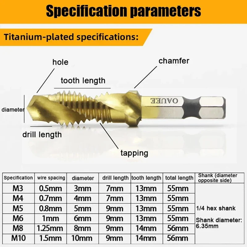 1/6-teiliges Gewindebohrer-Set mit Sechskantschaft, titanbeschichtet, HSS-Gewindebohrer, Schraubenmaschinen-Gewindebohrer, M3, M4, M5, M6, M8, M10, Handwerkzeuge