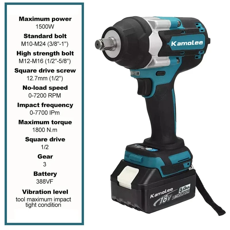 Kamolee 1800 NM Hohe Drehmoment DTW700 Bürstenlosen Cordless Elektrische Schlagschrauber 1/2 In Lithium-Ionen Batterie Für Makita 18V Batterie