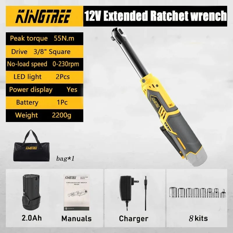 Kingtree Kabelloser Elektro-Ladeschlüssel, 12 V, erweiterter 6-Zoll-Kopf, Ratschenschlüssel, Lithium-Akku, Handwerkzeug, Elektrowerkzeuge mit hohem Drehmoment