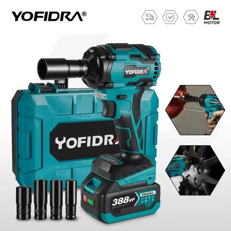 YOFIDRA 1000N.m bürstenloser elektrischer Schlagschrauber, 1/2 Zoll, kabelloser wiederaufladbarer Steckschlüssel, Elektrowerkzeug für Makita 18V Akku
