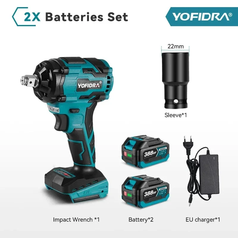 YOFIDRA 1000N.m bürstenloser elektrischer Schlagschrauber, 1/2 Zoll, kabelloser wiederaufladbarer Steckschlüssel, Elektrowerkzeug für Makita 18V Akku
