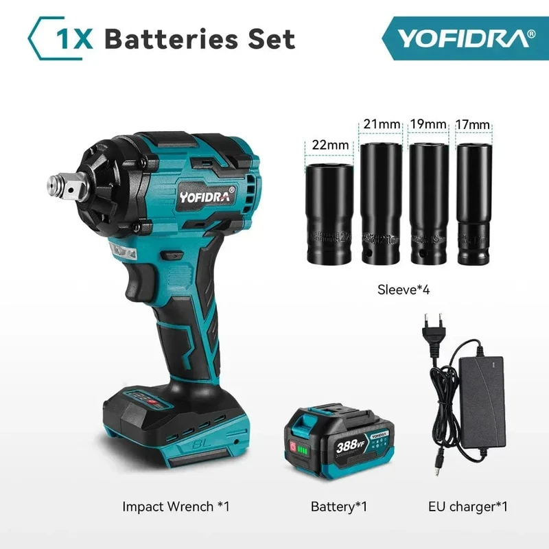 YOFIDRA 1000N.m bürstenloser elektrischer Schlagschrauber, 1/2 Zoll, kabelloser wiederaufladbarer Steckschlüssel, Elektrowerkzeug für Makita 18V Akku