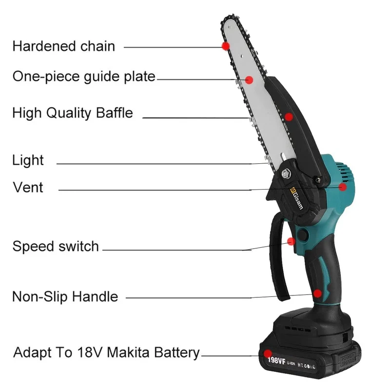 8 Zoll elektrische Kettensäge, bürstenlos, wiederaufladbar, Kettensäge für Holzbearbeitung, Garten, Mini-Astsäge, Elektrowerkzeug für Makita 18V-Akku