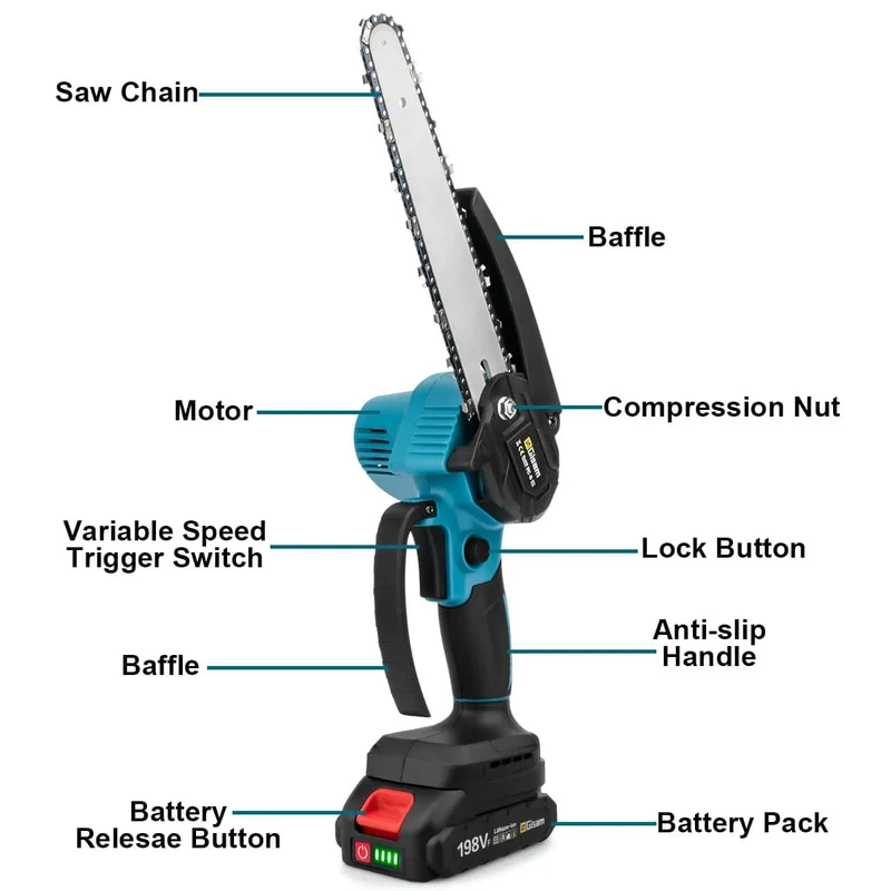 8 Zoll elektrische Kettensäge, bürstenlos, wiederaufladbar, Kettensäge für Holzbearbeitung, Garten, Mini-Astsäge, Elektrowerkzeug für Makita 18V-Akku
