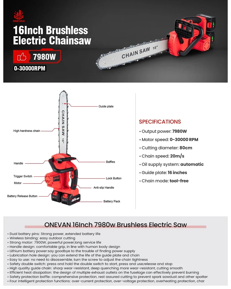 ONEVAN 16 Zoll bürstenlose elektrische Kettensäge 7980W kabelloses Schneidesäge-Elektrowerkzeug für die Holzbearbeitung, den Gartenschnitt, für Makita-Akku