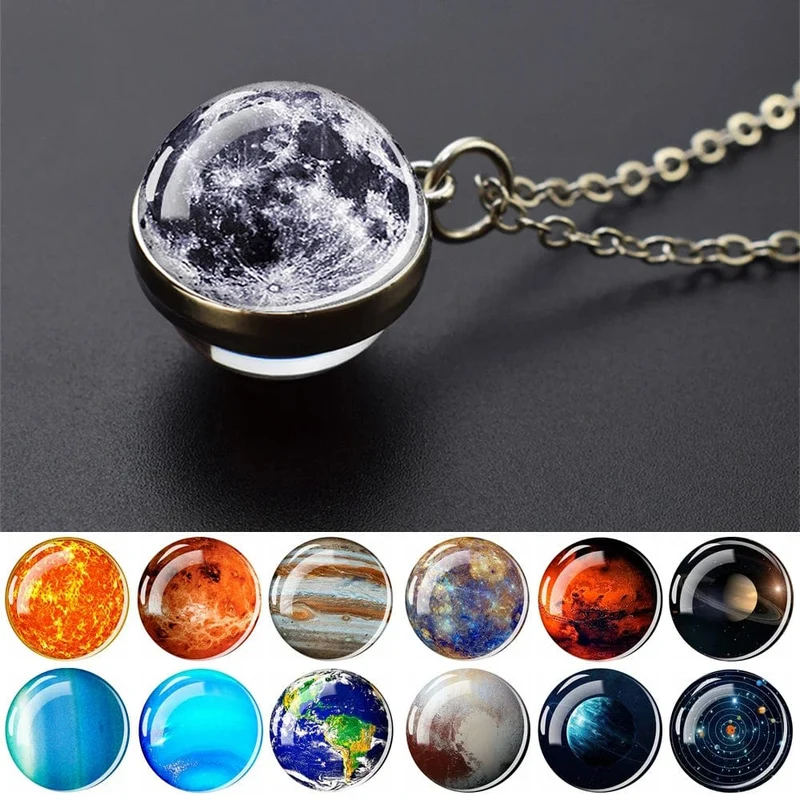Sonnensystem Universum Weltraum Mond Sonne Erde Planeten Halsketten Zweiseitiger Glaskugel Anhänger Nebel Halskette Frauen Männer Schmuck Geschenk