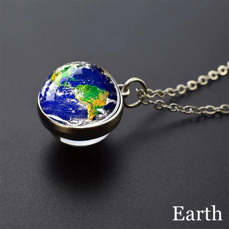 Sonnensystem Universum Weltraum Mond Sonne Erde Planeten Halsketten Zweiseitiger Glaskugel Anhänger Nebel Halskette Frauen Männer Schmuck Geschenk
