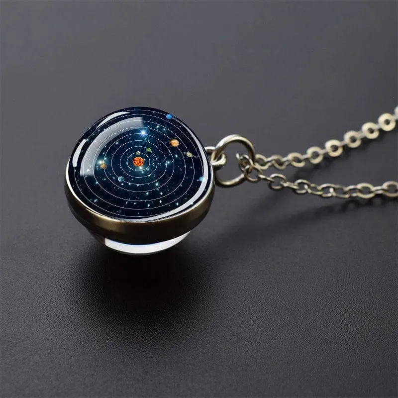 Sonnensystem Universum Weltraum Mond Sonne Erde Planeten Halsketten Zweiseitiger Glaskugel Anhänger Nebel Halskette Frauen Männer Schmuck Geschenk