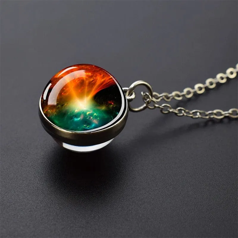 Sonnensystem Universum Weltraum Mond Sonne Erde Planeten Halsketten Zweiseitiger Glaskugel Anhänger Nebel Halskette Frauen Männer Schmuck Geschenk