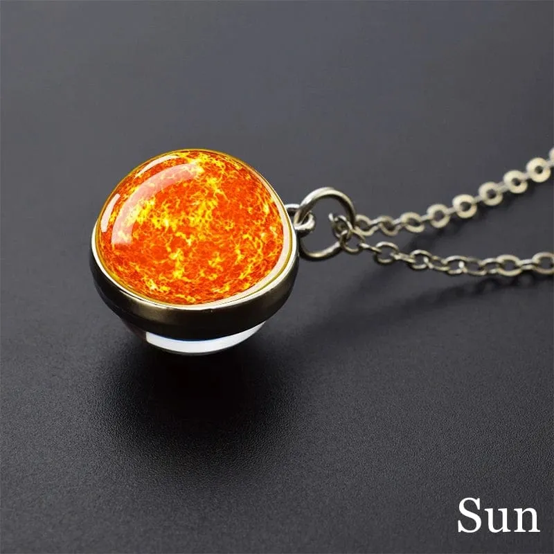 Sonnensystem Universum Weltraum Mond Sonne Erde Planeten Halsketten Zweiseitiger Glaskugel Anhänger Nebel Halskette Frauen Männer Schmuck Geschenk