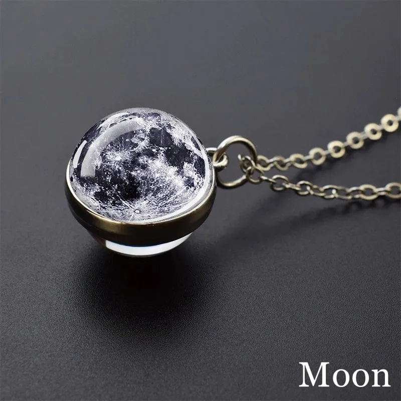 Sonnensystem Universum Weltraum Mond Sonne Erde Planeten Halsketten Zweiseitiger Glaskugel Anhänger Nebel Halskette Frauen Männer Schmuck Geschenk