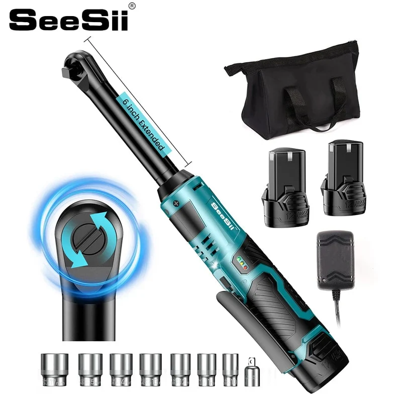 SEESII 3/8 Zoll 55Nm kabelloser elektrischer Schraubenschlüssel, 6 Zoll erweiterter Ratschenschlüssel, 12 V wiederaufladbarer Autoreparatur-Werkzeugsatz, Winkelschlüssel