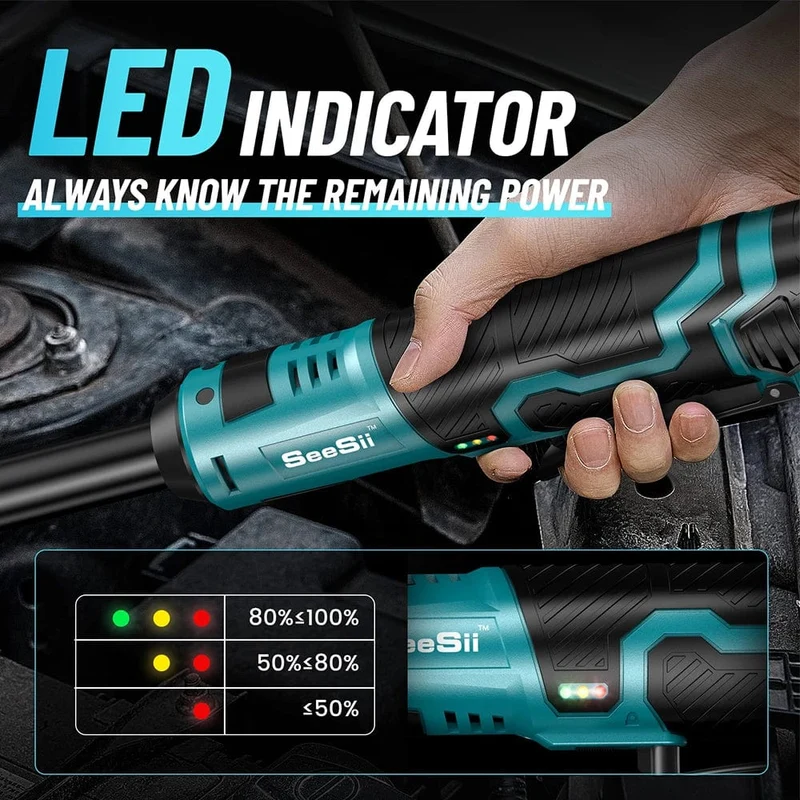 SEESII 3/8 Zoll 55Nm kabelloser elektrischer Schraubenschlüssel, 6 Zoll erweiterter Ratschenschlüssel, 12 V wiederaufladbarer Autoreparatur-Werkzeugsatz, Winkelschlüssel