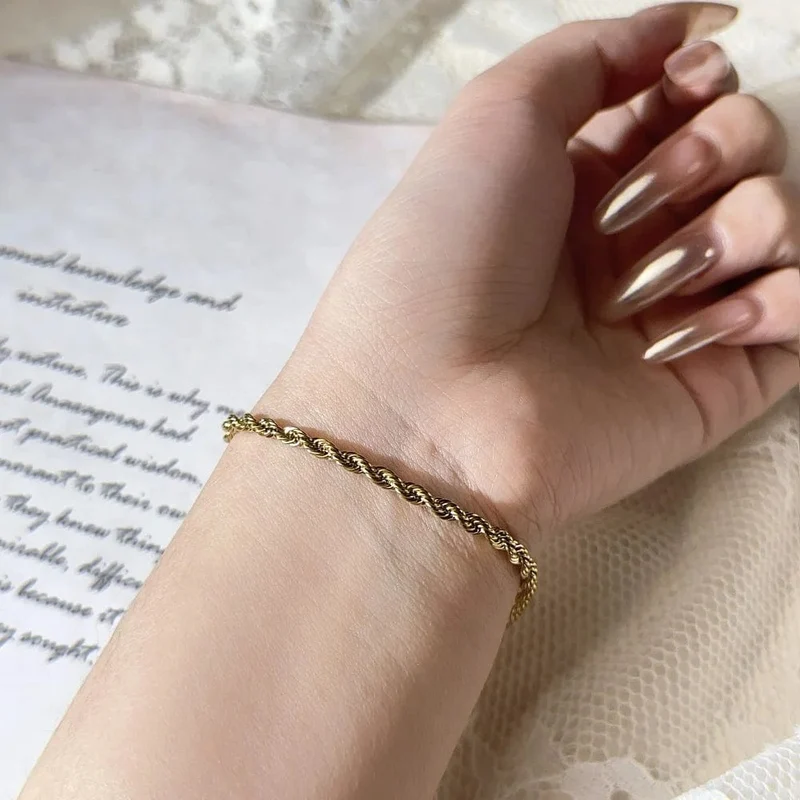 Edelstahl Seil Kette Armband Frauen Armreif Gold Farbe Minimalistischen 3mm 4mm Hand Zubehör Trend Hippie Schmuck Weibliche C048