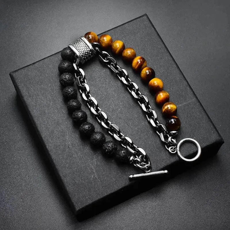 Neue 2020 männer der Tiger Auge Stein Perlen Armband Edelstahl Gunmetal Link Kette Yoga Armband Männlichen Schmuck Dropshipping