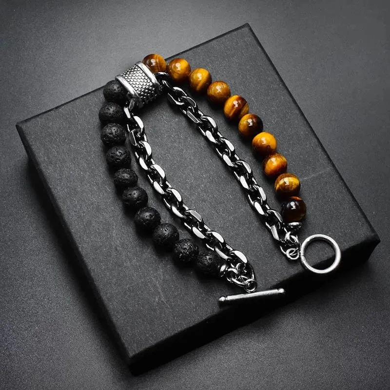 Neue 2020 männer der Tiger Auge Stein Perlen Armband Edelstahl Gunmetal Link Kette Yoga Armband Männlichen Schmuck Dropshipping