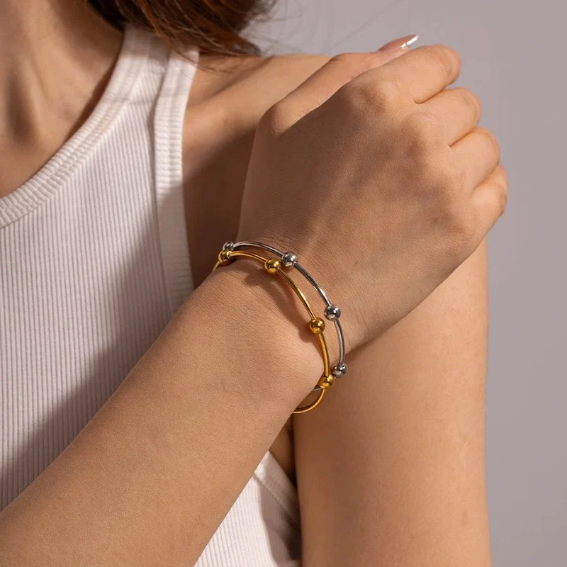 Uworld18k vergoldete Edelstahlarmbänder, Schmuck, wasserdicht, mehrere runde Kugeln, offene Armreifen für Frauen und Männer