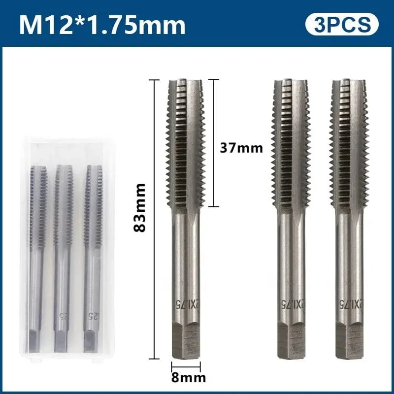 3-teiliges Handgewindebohrer-Set, HSS, metrischer Stopfengewindebohrer, Metallgewindebohrer, M2/M2.5/M3/M3.5/M4/M5/M6/M8/M10/M12, Handwerkzeug-Set
