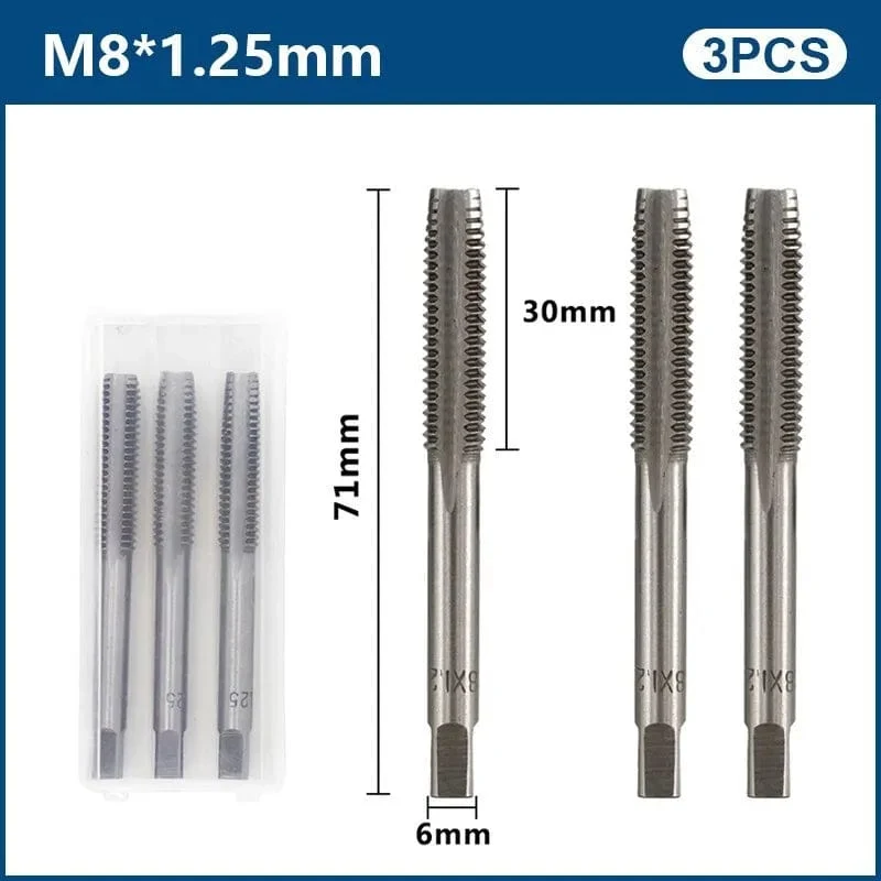 3-teiliges Handgewindebohrer-Set, HSS, metrischer Stopfengewindebohrer, Metallgewindebohrer, M2/M2.5/M3/M3.5/M4/M5/M6/M8/M10/M12, Handwerkzeug-Set