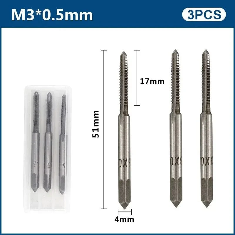 3-teiliges Handgewindebohrer-Set, HSS, metrischer Stopfengewindebohrer, Metallgewindebohrer, M2/M2.5/M3/M3.5/M4/M5/M6/M8/M10/M12, Handwerkzeug-Set