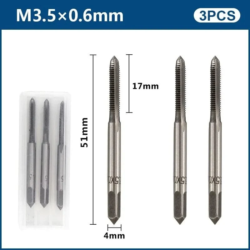 3-teiliges Handgewindebohrer-Set, HSS, metrischer Stopfengewindebohrer, Metallgewindebohrer, M2/M2.5/M3/M3.5/M4/M5/M6/M8/M10/M12, Handwerkzeug-Set