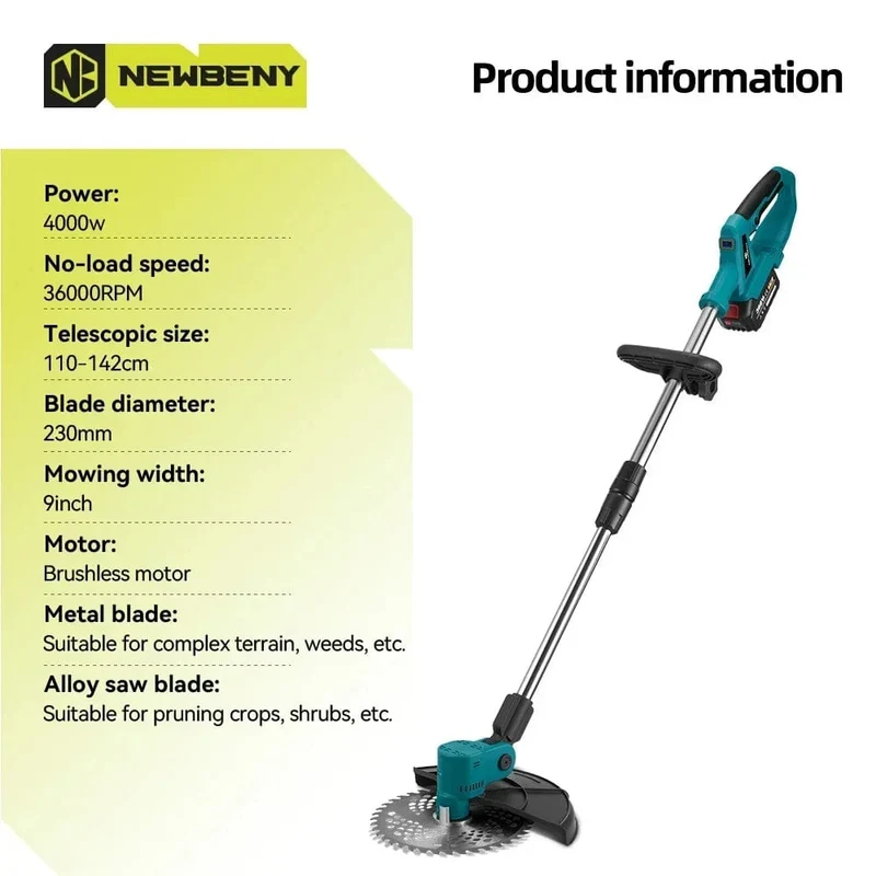 NEWBENY 9 Zoll bürstenloser elektrischer Rasenmäher mit Digitalanzeige, kabellose wiederaufladbare Garten-Jätwerkzeuge für Makita 18V-Batterie