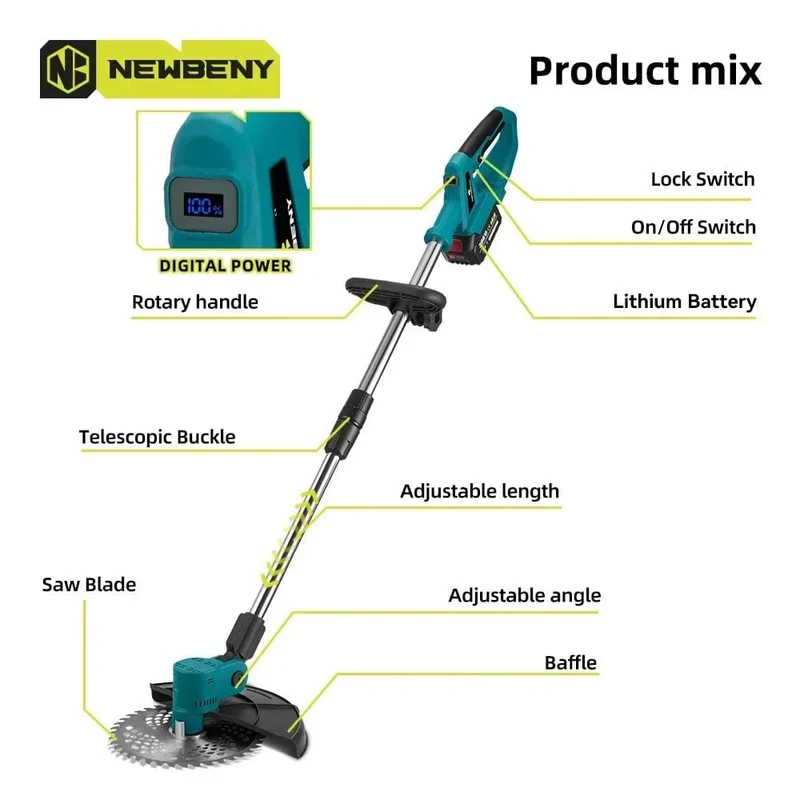 NEWBENY 9 Zoll bürstenloser elektrischer Rasenmäher mit Digitalanzeige, kabellose wiederaufladbare Garten-Jätwerkzeuge für Makita 18V-Batterie