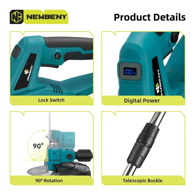 NEWBENY 9 Zoll bürstenloser elektrischer Rasenmäher mit Digitalanzeige, kabellose wiederaufladbare Garten-Jätwerkzeuge für Makita 18V-Batterie