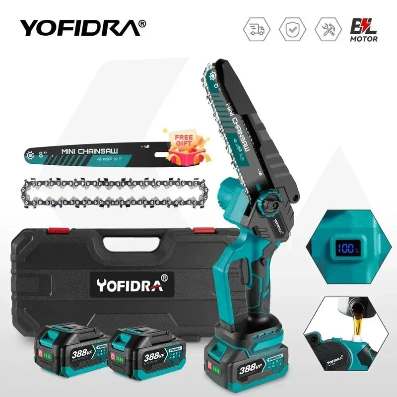 Yofidra bürstenlose elektrische Kettensäge, 8 cm, kabellos, wiederaufladbar, für die Holzbearbeitung, Garten-Astsäge, Werkzeug für Makita 18-V-Akku