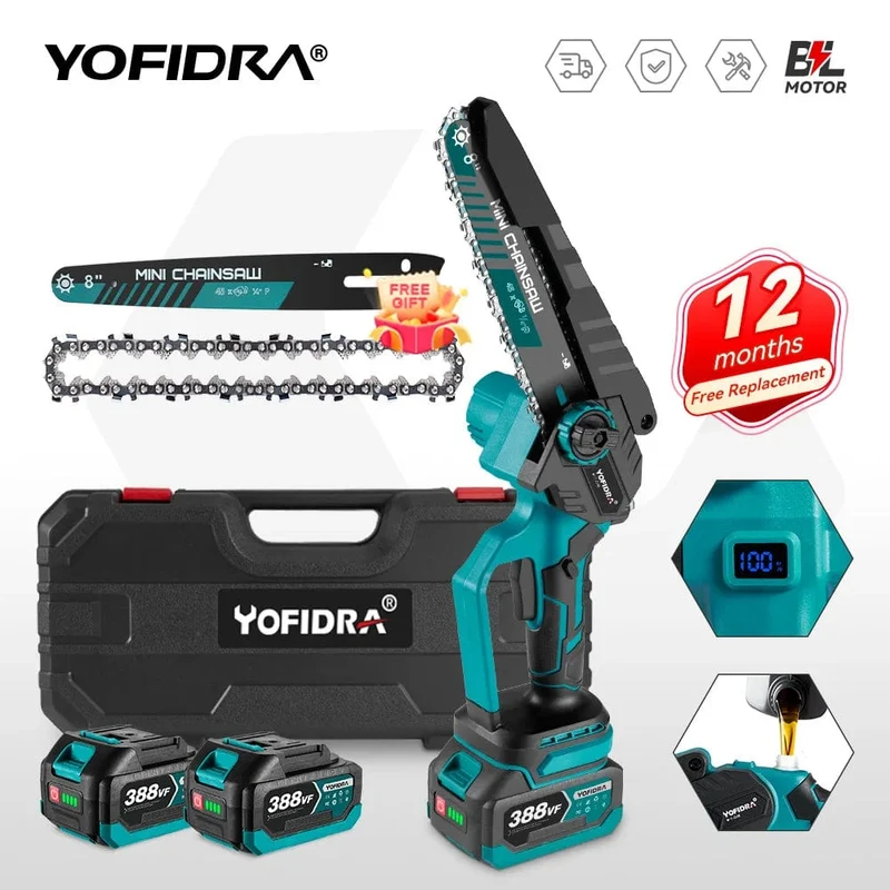 Yofidra bürstenlose elektrische Kettensäge, 8 cm, kabellos, wiederaufladbar, für die Holzbearbeitung, Garten-Astsäge, Werkzeug für Makita 18-V-Akku