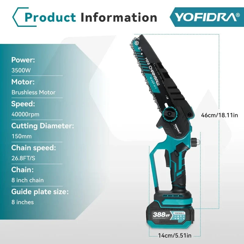 Yofidra bürstenlose elektrische Kettensäge, 8 cm, kabellos, wiederaufladbar, für die Holzbearbeitung, Garten-Astsäge, Werkzeug für Makita 18-V-Akku