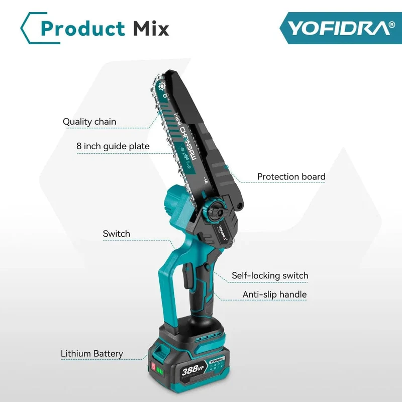 Yofidra bürstenlose elektrische Kettensäge, 8 cm, kabellos, wiederaufladbar, für die Holzbearbeitung, Garten-Astsäge, Werkzeug für Makita 18-V-Akku
