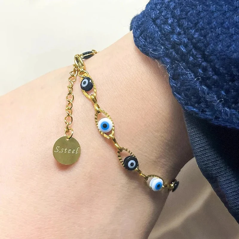 JINYUE Türkisches Armband mit bösem Blick, modisches Edelstahlarmband für Männer und Frauen, 14 Karat vergoldet, edler Schmuck, Armband für den Alltag
