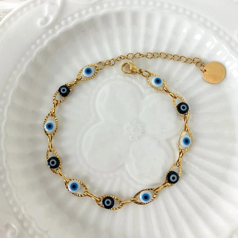 JINYUE Türkisches Armband mit bösem Blick, modisches Edelstahlarmband für Männer und Frauen, 14 Karat vergoldet, edler Schmuck, Armband für den Alltag