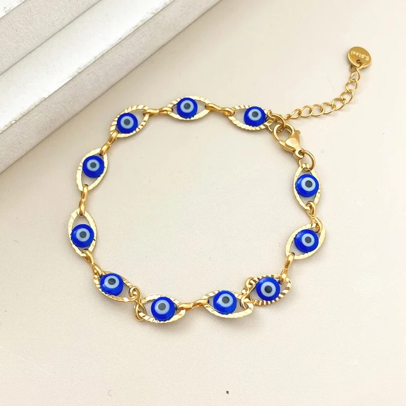 JINYUE Türkisches Armband mit bösem Blick, modisches Edelstahlarmband für Männer und Frauen, 14 Karat vergoldet, edler Schmuck, Armband für den Alltag