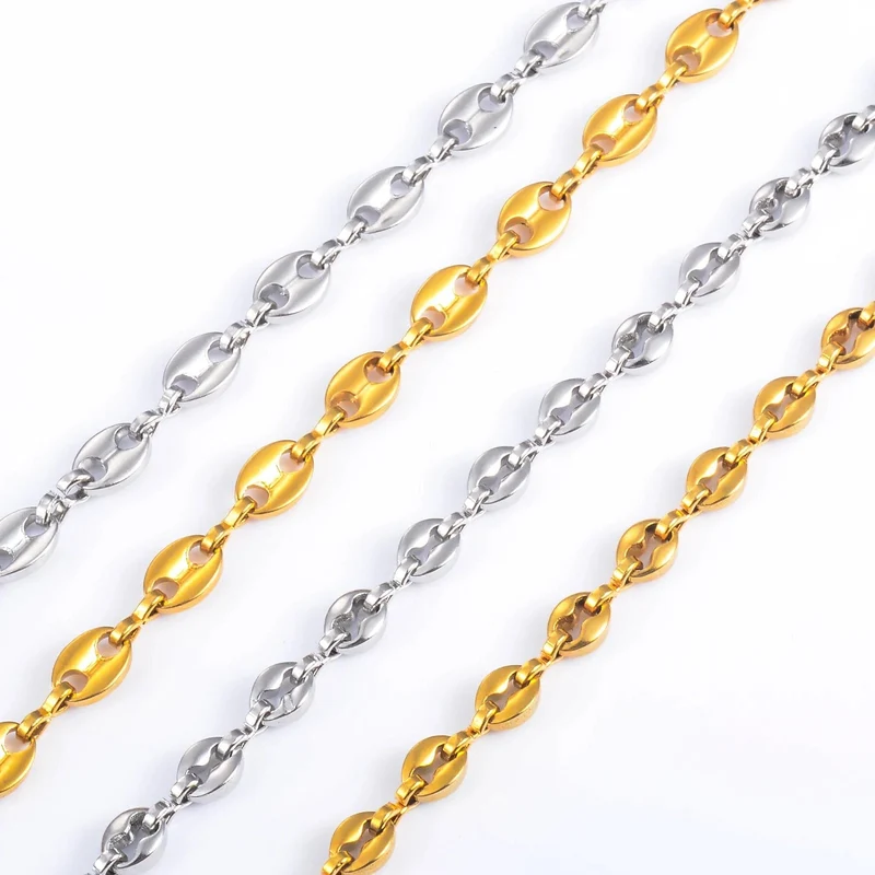 5mm 4.5mm Edelstahl Kaffeebohnenketten Gold Silber Farbe Schweinenase Armbänder mit Extender 3cm Punk Hip Hop Modeschmuck
