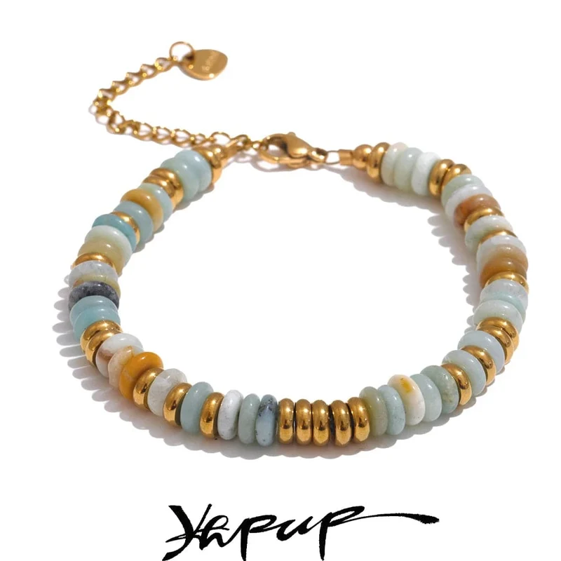 Yhpup Bunte Natursteinperlen Kette Handarbeit Armband Armreif Wasserdicht Böhmen Edelstahl Y2K Trendy Schmuck Geschenk